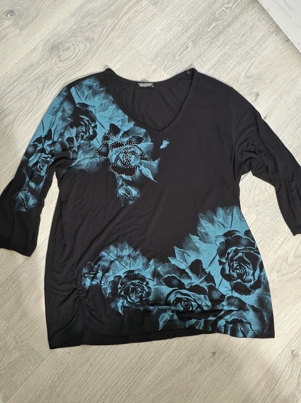 Vanilla Sugar Black Long Sleeve Top with Teal Rose Print